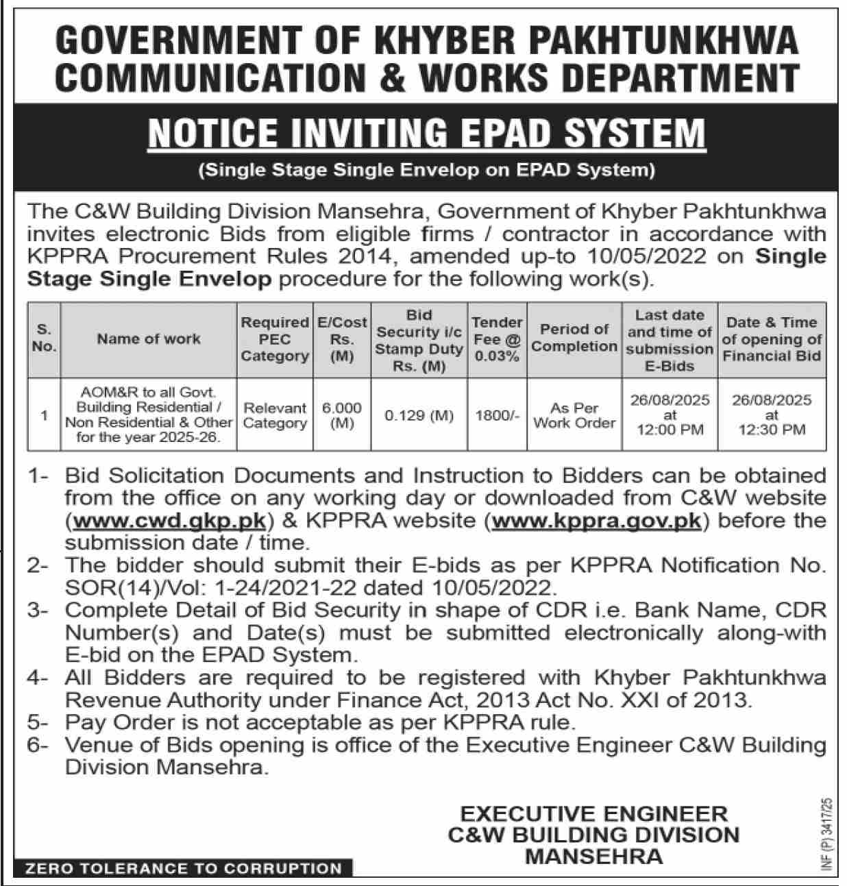 Communication & Works Department Manshera Tender Notice
